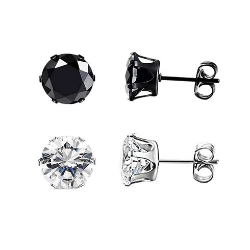 2 Pairs 316L Surgical-Steel Black & Silver Round CZ Men & Women Stud Earrings